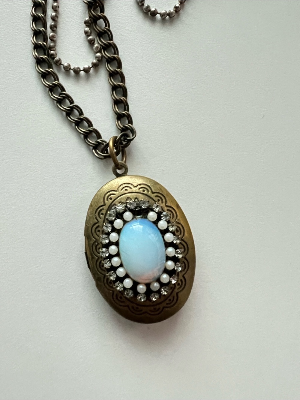Vintage Betsey Johnson Oval Locket Necklace with Opalescent Cabochon